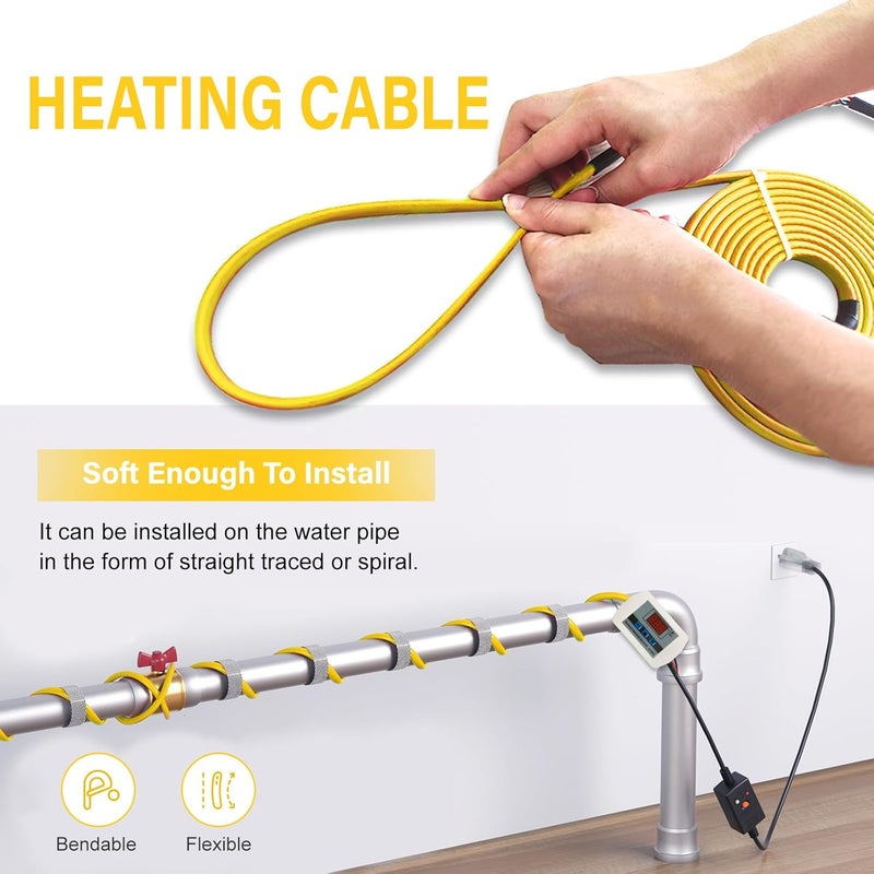 Cupohus Softer Heat Tape for Water Pipes 15FT, Self-Regulating Digital Display Thermostat, Freeze Protection Roof Deicing Cable for Metal, Plastic Home Pipes, RV Water Hose, 110-120V - Image 3